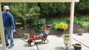 My son getting a wagon ride with Grandpa.