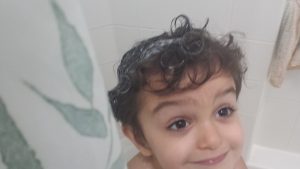 He put yogurt "shampoo" in his hair while I was packing.